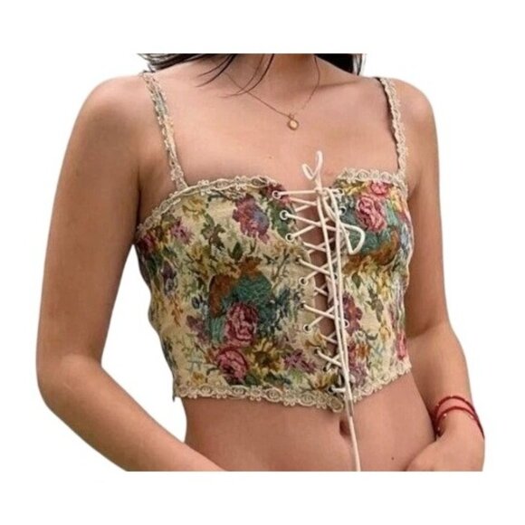 Cider Tops - Cider Corset Crop Top Womens M Floral Cottagecore Tapestry Lace Up Festival